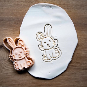 May include: A light peach-colored bunny-shaped cookie cutter next to a bunny-shaped imprint in white dough. The cutter has a detailed design of a bunny with long ears, a smiling face, and seated pose. The dough is on a wooden surface.