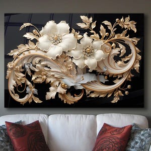 Luxury 3D Floral Glass Wall Art – White and Gold Baroque Flowers on Black Background, Elegant Tempered Glass Panel