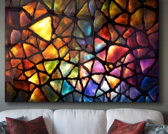 Colorful Abstract Glass Wall Art, Stained Mosaic Look, Vibrant Light Effects, UV Printed, Tempered Glass Panel