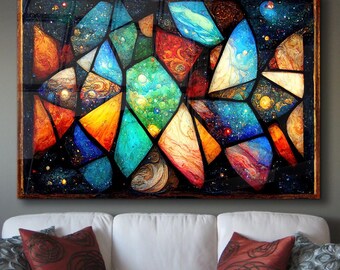 Cosmic Stained Glass Wall Art, Galaxy Inspired Abstract Panel, UV Printed, Tempered Glass, Colorful Space Design