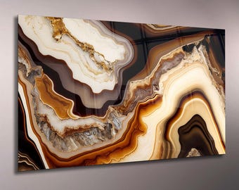 Agate Stone Glass Wall Art, Earth Tone Geode Pattern, UV Printed, Tempered Glass Panel, Modern Natural Decor