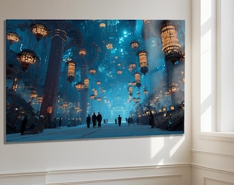 Futuristic Sci-Fi City Glass Wall Art, Blue Cyberpunk Landscape Decor, Modern LED-Style Atmospheric Tempered Glass Artwork for Home Office