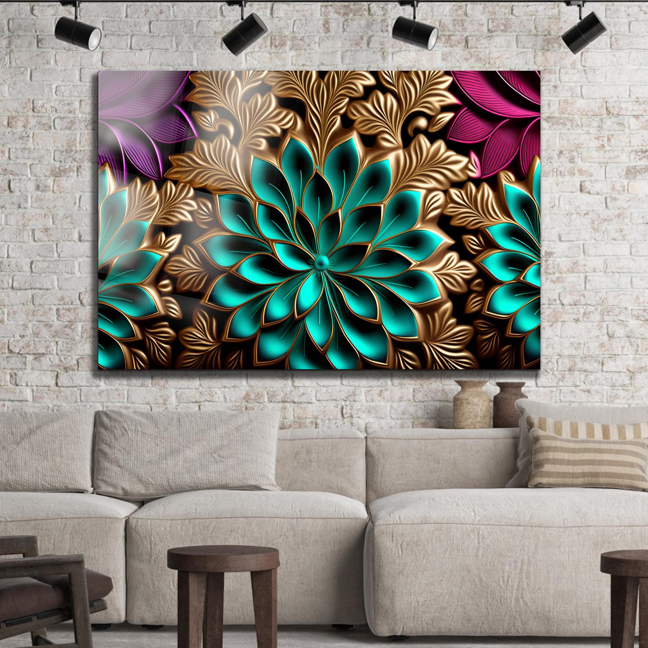 Turquoise Mandala Glass Wall Art, Abstract Floral Canvas Print, 3D Islamic Boho Wall Decor for Living Room