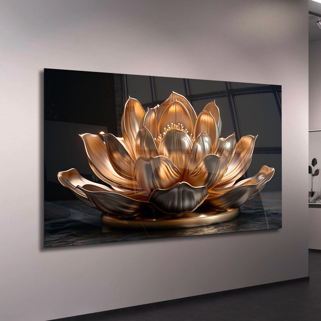 Lotus Flower Tempered Glass Wall Art: Gold Frame, Modern Floral Print ...