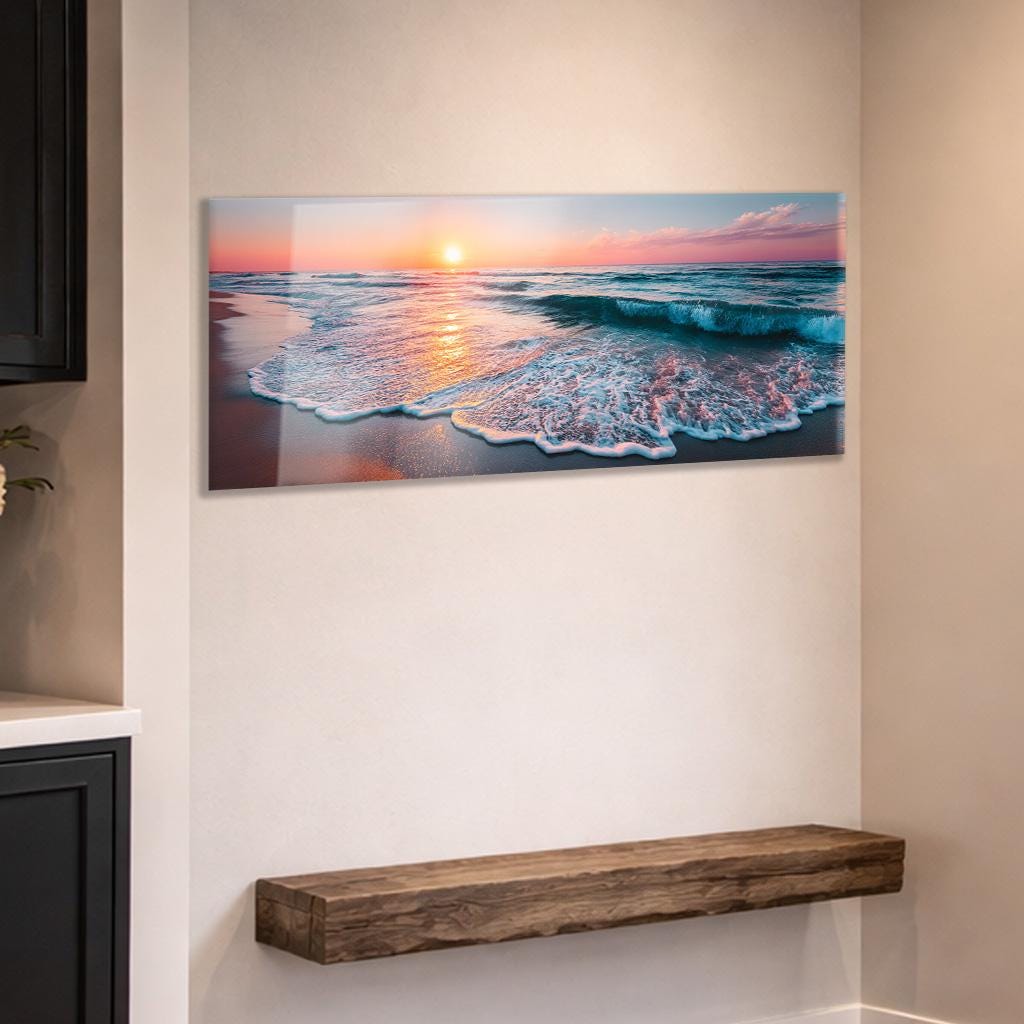 Sunset Ocean Waves Tempered Glass Wall Art, Panoramic Beach Seascape ...