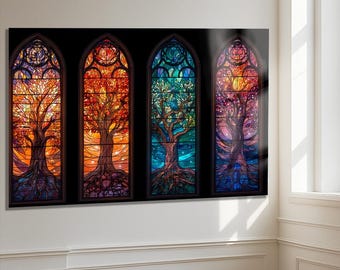 Stained Glass Four Seasons Tree Art, Colorful Tempered Glass Wall Decor, Vibrant Seasonal Window Panel Style Artwork for Home Interiors