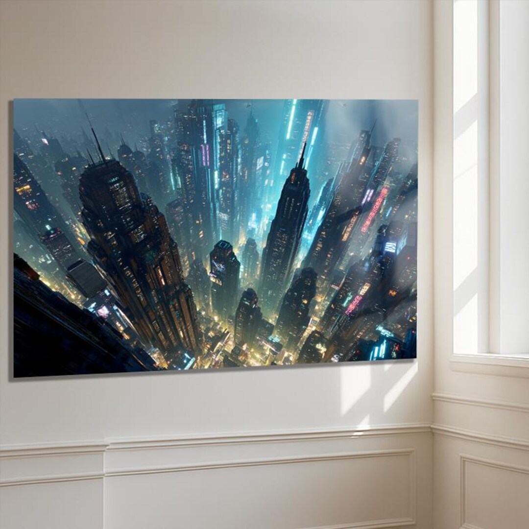 Futuristic City Glass Wall Art, Cyberpunk Night Metropolis Cityscape on ...
