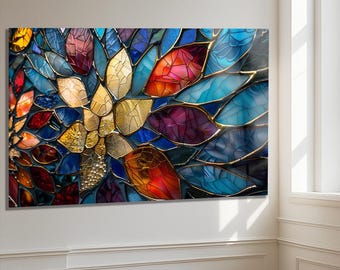 Stained Glass Floral Wall Art on Tempered Glass, Vibrant Mosaic Design, Luxury Colorful Artwork for Living Room, Office & Modern Home Decor