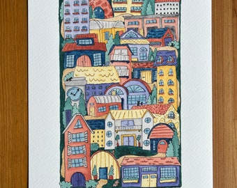Vibrant Neighborhood Watercolor 8x10 Print