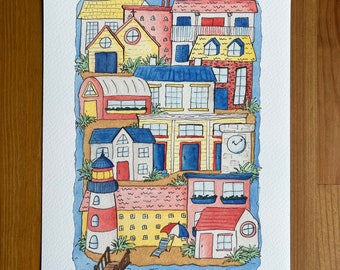 Sunny Island Neighborhood Watercolor 8x10 Print