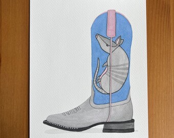 Watercolor Blue Cowboy Boot with Armadillo, 8x10 Print