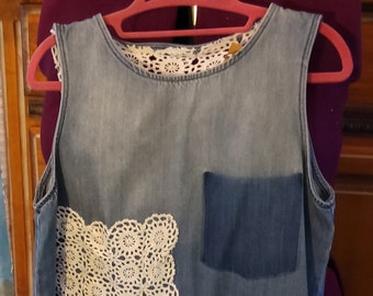 Upcycled sleeveless denim shirt with envelope back with vintage lace and doily embellishment