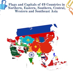 Op de afbeelding: Een kaart van Azië met vlaggen die 49 landen in de regio vertegenwoordigen. De afbeelding bevat de tekst "Flags and Capitals of 49 Countries in Northern, Eastern, Southern, Central, Western and Southeast Asia."