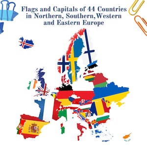 Op de afbeelding: Een kaart van Europa met de vlaggen van 44 landen in Noord-, Zuid-, West- en Oost-Europa. De tekst "Vlaggen en hoofdsteden van 44 landen in Noord-, Zuid-, West- en Oost-Europa" staat bovenaan. Blauwe klemmen en kleurrijke paperclips staan in de hoeken.