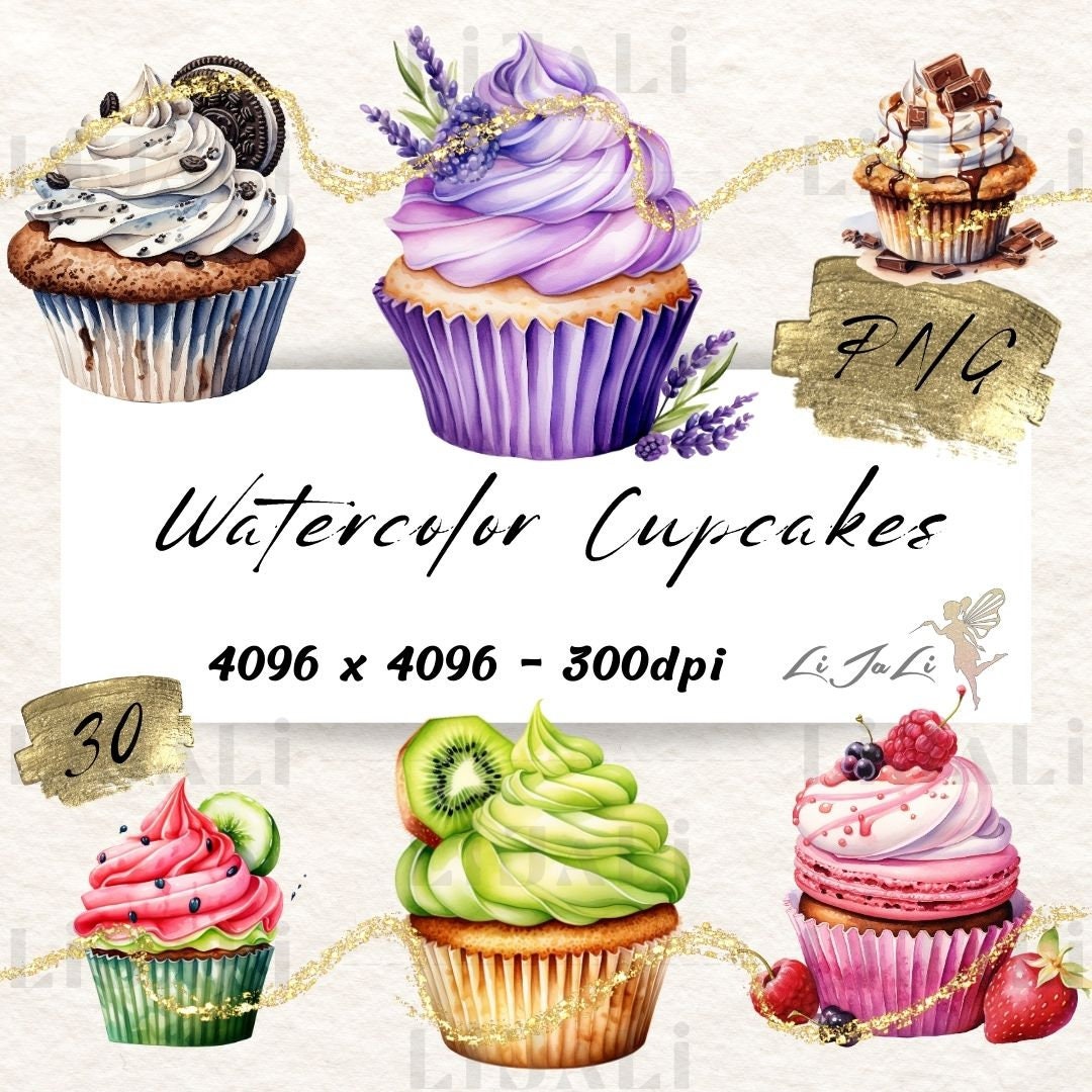 Watercolor Cupcakes | Bundle | PNG | Clipart | Dessert Clipart | Candy ...
