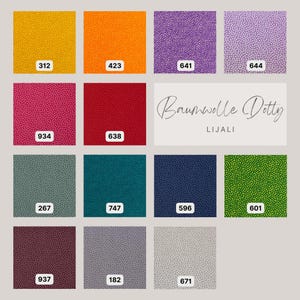Könnte beinhalten: Eine Farbpalette mit Stoffquadraten in verschiedenen Farben, darunter Gelb, Orange, Lila, Rosa, Rot, Türkis, Marineblau und Grün. Jedes Quadrat hat ein gepunktetes Muster und eine Nummer. Der Text "Baumwolle Dotty" und "LIJALI" sind ebenfalls vorhanden.