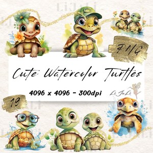May include: A set of four digital watercolor illustrations of cute turtles. The turtles are in various poses and have different expressions. The illustrations are perfect for adding a touch of whimsy to any project.