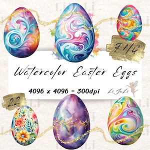 Könnte beinhalten: Satz von sechs Aquarell-Ostereiern mit verschiedenen bunten Mustern und Designs. Die Eier sind in Blautönen, Lila, Rosa, Gelb, Grün und Orange bemalt. Die Designs umfassen Wirbel, Blumen und abstrakte Muster. Die Eier sind auf weißem Hintergrund isoliert.