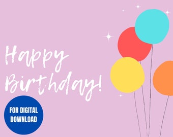 Può includere: Biglietto di auguri Happy Birthday! con sfondo rosa e testo bianco. Quattro palloncini colorati si trovano nell'angolo in alto a destra del biglietto. I palloncini sono blu, rosso, giallo e arancione.