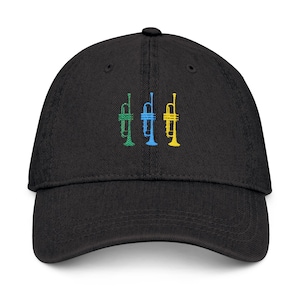 Embroidered Denim Hat with Trumpet Design | Music Lover&#39;s Cap, Gift for Musicians, Jazz Concert Accessory, Casual Style, Unisex Cap