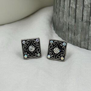 Antiqued Rhinestone Stud Earrings, Vintage Detail