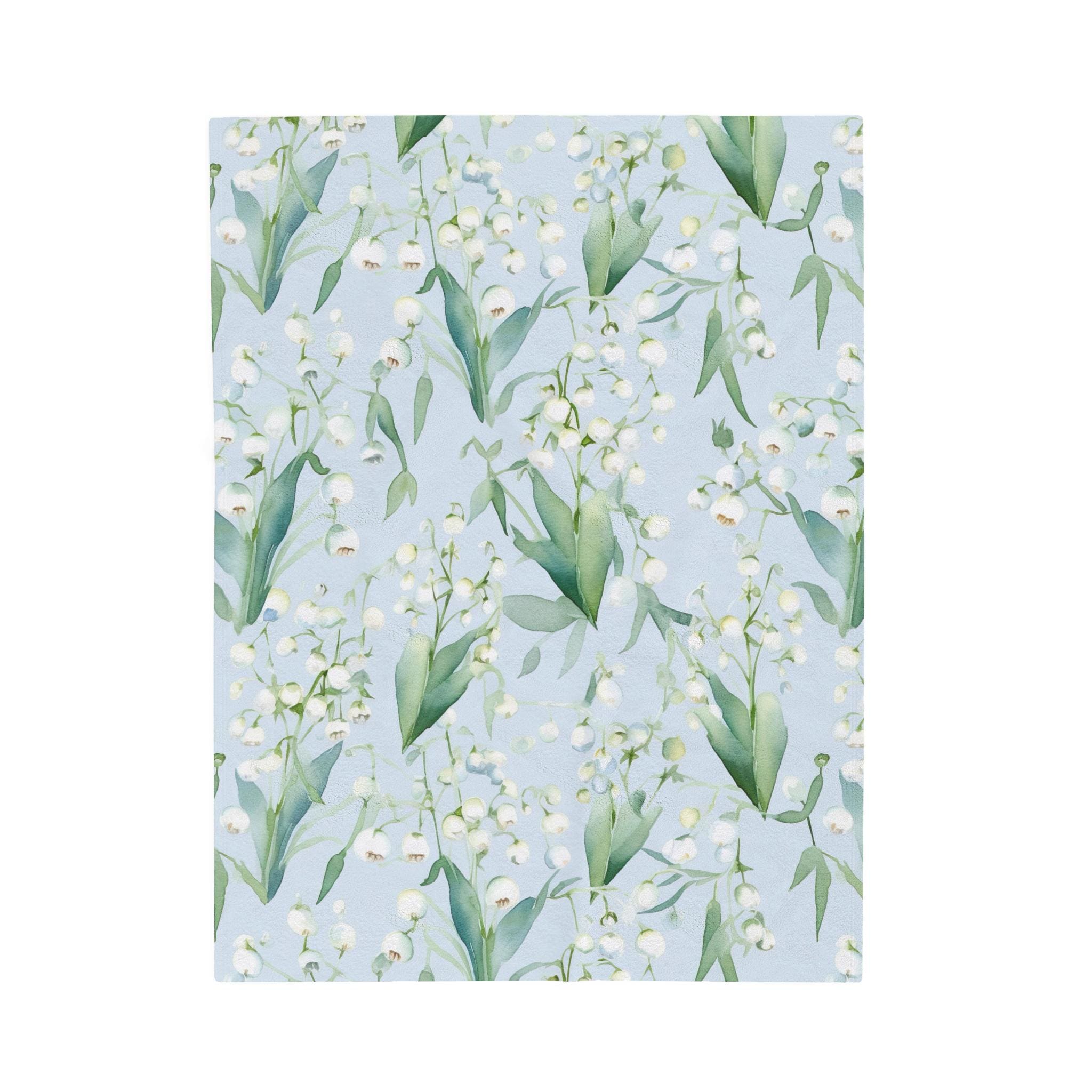 Velveteen Plush Blanket Watercolor Lilly of the Valley Light Blue | Soft Cozy Home Decor Gift, Floral Throw Bedding Cover, Personalized