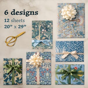 May include: Gift wrap set with six different floral designs, 12 sheets total. Each sheet measures 20" x 29". The wrapping paper is decorated with bows in various colors. A pair of gold scissors is also included.