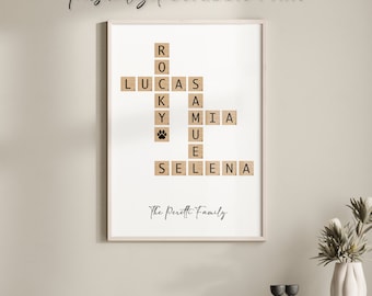 May include: A personalized Scrabble print with the names Lucas, Rocky, Amia, Selena, and the text "The Peretti Family". The names are spelled out using Scrabble tiles.
