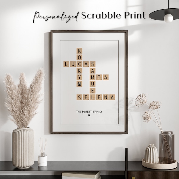 Nom personnalisé d'art mural pour la maison de famille, décoration personnalisée de Scrabble, idée cadeau personnalisée de Scrabble, cadeau d'impressions de mots croisés de nom de famille personnalisé