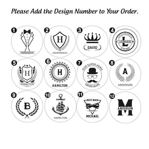 May include: Twelve different designs for a round, black and white logo. The designs include a tuxedo, a crown, a ship's anchor, a bow tie, a laurel wreath, and various letters of the alphabet.