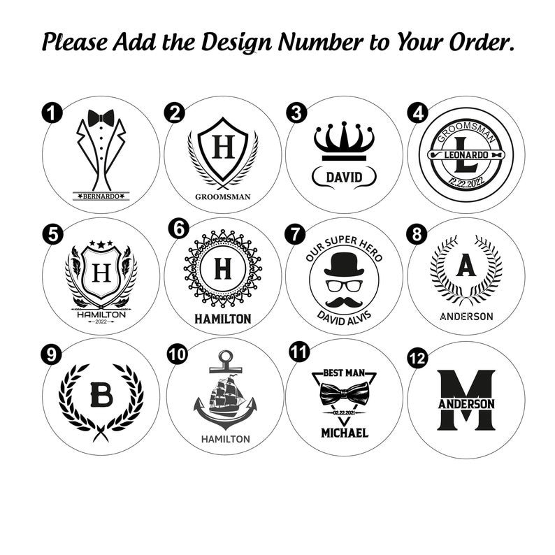 May include: Twelve different designs for a round, black and white logo. The designs include a tuxedo, a crown, a ship's anchor, a bow tie, a laurel wreath, and various letters of the alphabet.
