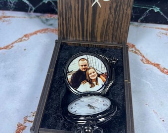 Personalized Photo Pocket Watch with Engraved Wooden Gift Box