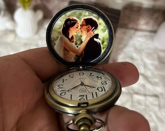 Reloj de bolsillo con foto - Reloj de bolsillo de regalo de padrinos de boda personalizado grabado - Reloj de bolsillo de regalo impreso y grabado con foto