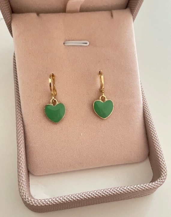 Gold Plated Tiffany Sage Green Love Heart Gold Earrings Heart