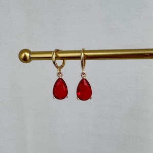 Ruby red diamond teardrop hoop huggie earrings and necklace set; gold set, dainty gift for her, Party Jewelry