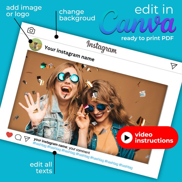 Instagram horizontal frame editable in Canva. Video instructions. Social media template, instaframe, party props, XL, PDF ready to print.