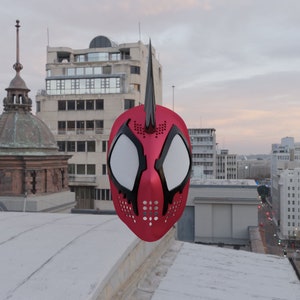 Könnte beinhalten: Rote und schwarze Superheldenmaske mit einem markanten schwarzen Stachel. Die Maske hat weiße Netzkonturen für die Augen und ein detailliertes Design, perfekt für Cosplay oder Kostümveranstaltungen.