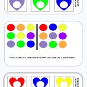 Op de afbeelding: Drie witte rechthoekige stickers met kleurrijke hart- en cirkelontwerpen. Elke sticker heeft een verticale rangschikking van harten in rood, oranje, geel, groen, blauw en paars. De tekst "THIS DOCUMENT IS INTENDED FOR PERSONAL USE ONLY. And for resale" is afgedrukt.