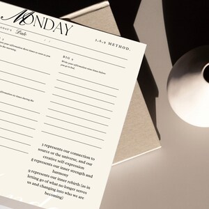May include: A white printable planner page with the word "MONDAY" at the top. The page is divided into three sections labeled "BIG 1", "BIG 6", and "BIG 9". Each section has lines for writing affirmations. The page also includes the text "TODAY'S Date" and "3.6.9 METHOD."