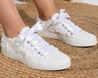 Wedding Converse, Bridal Converse, Wedding Sneakers, Bridal Low Converse, Personalized Bride Converse, Bling Converse, Lace Bride Converse