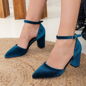 Blue Velvet Shoes, Wedding Shoes, Teal Blue Velvet Shoes, Wedding Heels, Blue Velvet Heels for Bride, Blue Bridal Heels, Blue Block Heels