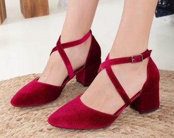 Red Velvet Heels, Red Velvet Shoes, Burgundy Low Heels, Red Criss Cross Heels, Burgundy Block Heels, Dark Red Wedding Heels, Red Bridal Heel