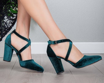 Green Velvet Heels, Green Velvet Shoes, Green Heels, Green Block Heels, Green Wedding Heels, Velvet Bridal Heels, Green Criss Cross Heels