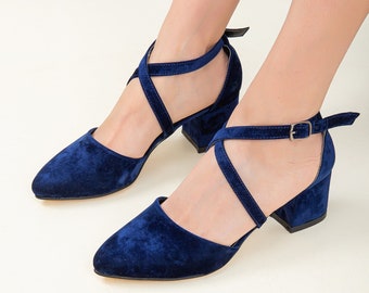 Blue Velvet Heels, Blue Velvet Shoes, Blue Low Heels, Navy Blue Heels, Criss Cross Heels, Blue Block Heels, Blue Wedding Heels, Blue Heels