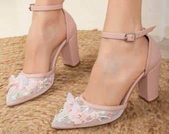 Lace Wedding Shoes, Floral Wedding Heels, Wedding Shoes, Blush Bridal Shoes, Floral Bride Shoes, Blush Block Heels, Blush Wedding Pumps