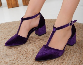 Purple Velvet Heels, Purple Velvet Shoes, Wedding Shoes, Mary Jane Shoes, Purple Low Heels, Purple Tango Dance Shoes, Deep Purple Heels