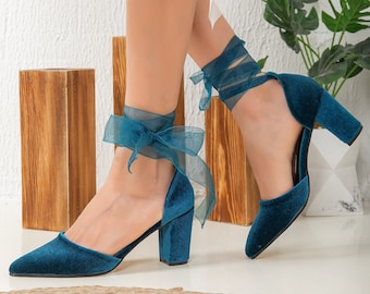 Blue Velvet Heels, Wedding Shoes, Teal Blue Velvet Heels With