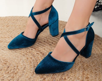 Blue Velvet Heels, Teal Blue Velvet Shoes, Wedding Shoes, Blue Wedding Shoes, Blue Block Heels, Blue Velvet Wedding Shoes, Something Blue