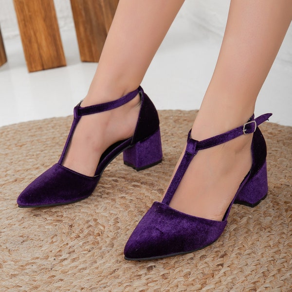 Purple Velvet Heels, Purple Velvet Shoes, Wedding Shoes, Mary Jane Shoes, Purple Low Heels, Purple Tango Dance Shoes, Deep Purple Heels