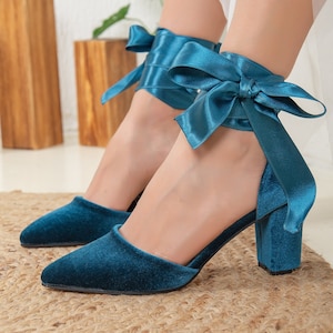 Blue Velvet Shoes, Blue Wedding Shoes, Teal Blue Heels with Ribbon, Blue Bridal Heel, Ocean Blue Velvet Pumps, Block Heels, Something Blue